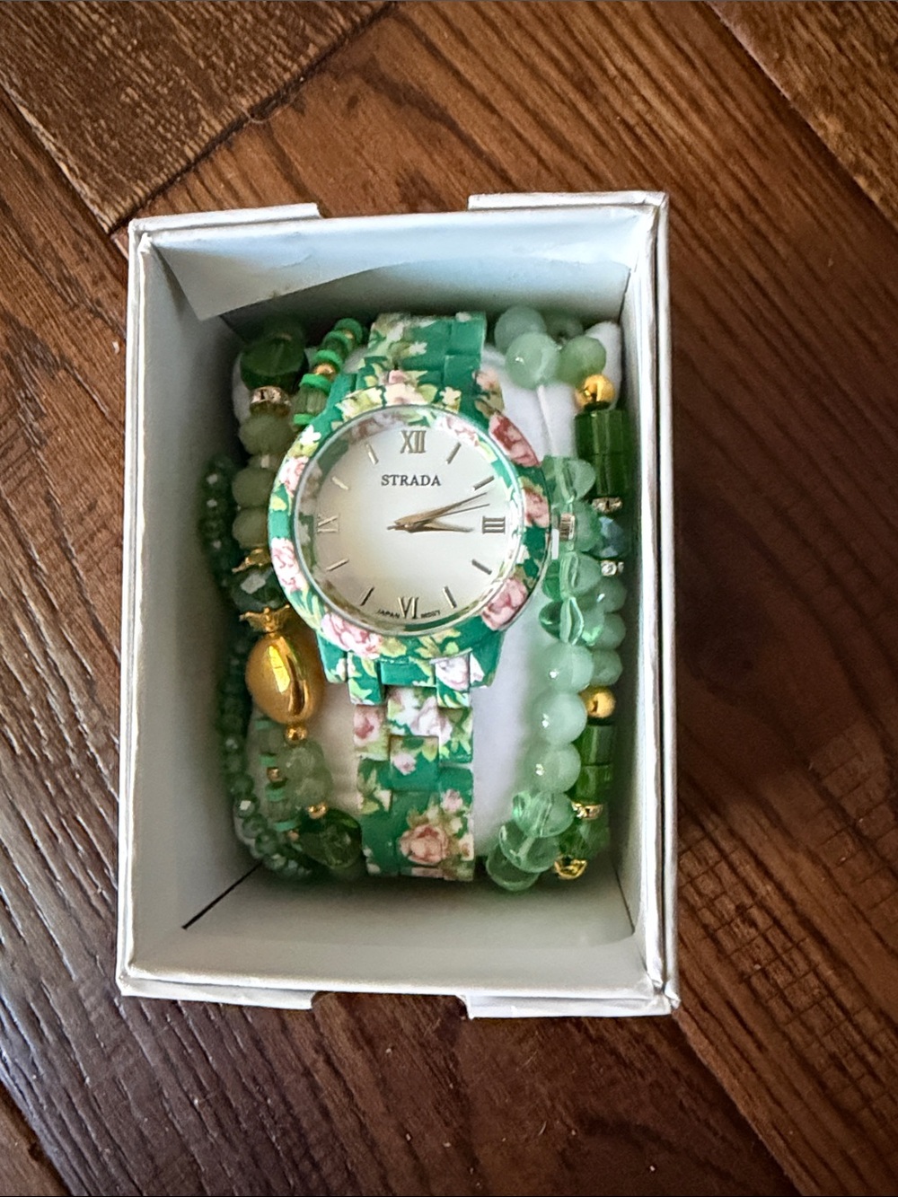 NWT Strada Green Floral Bracelet Watch and Beaded Bracelet Set